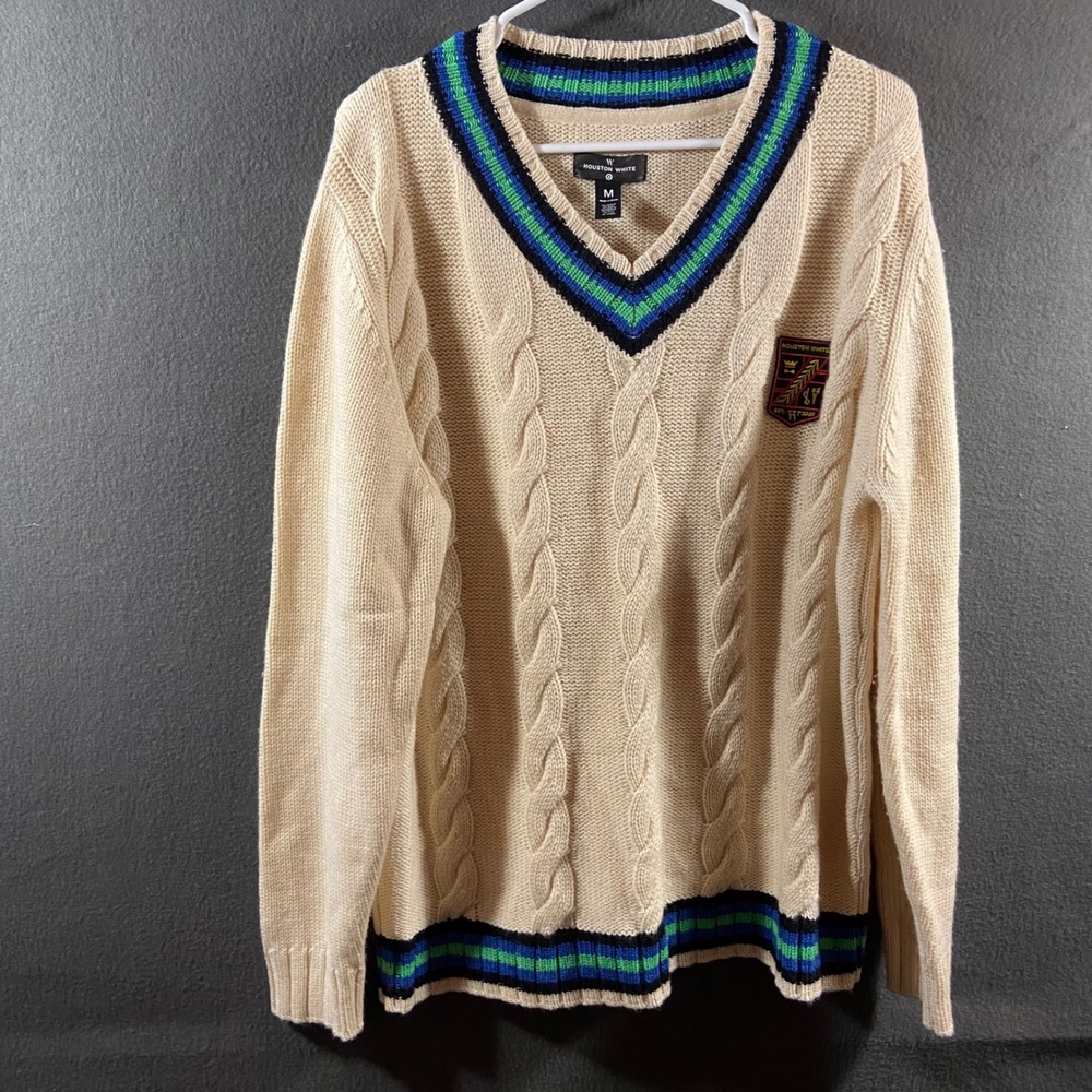 Houston White Wool fisherman chunky Cable Knit Sweater ivory varsity preppy